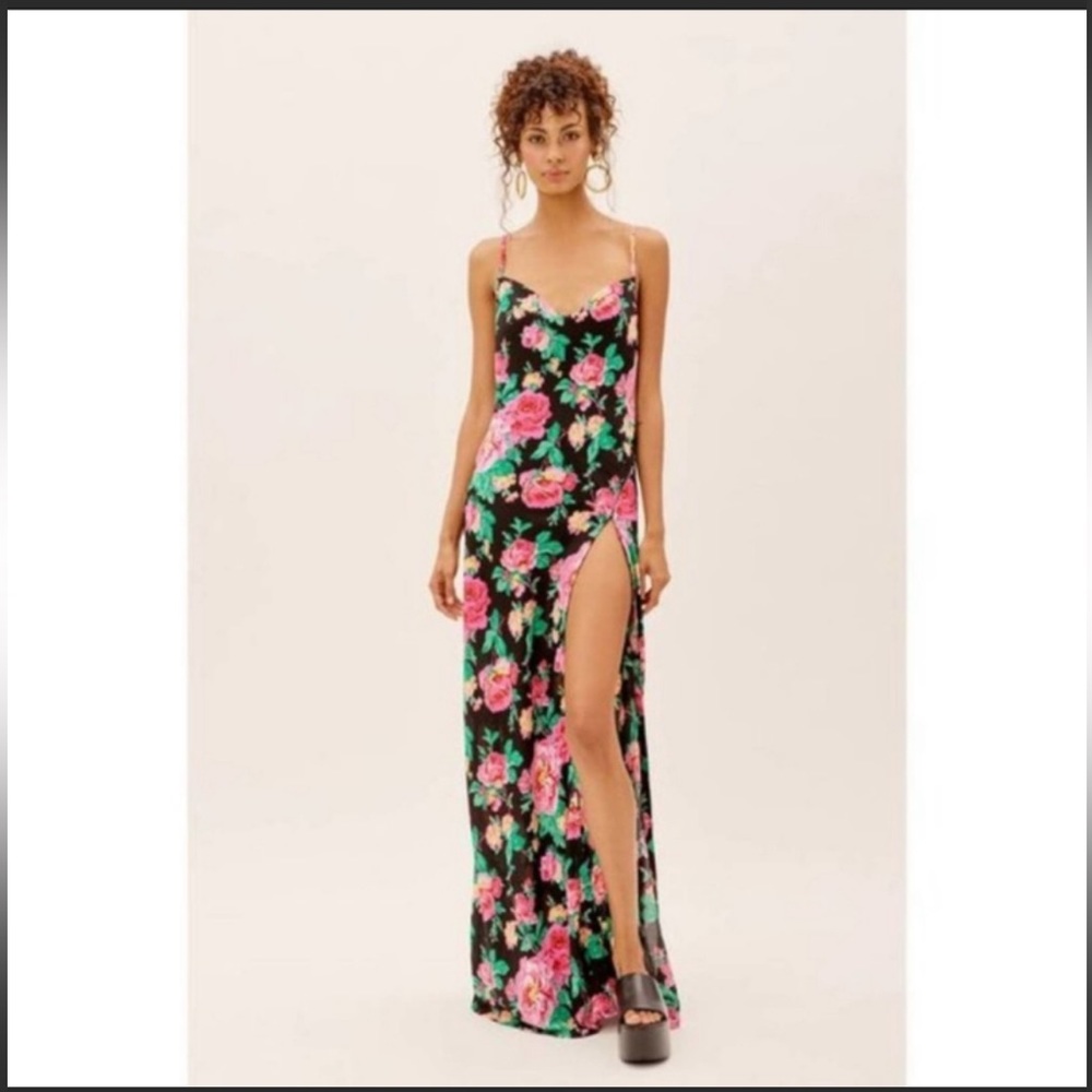 For Love And Lemons Becca Floral Side Slit Cowl Neck Open Back Maxi Dress Small